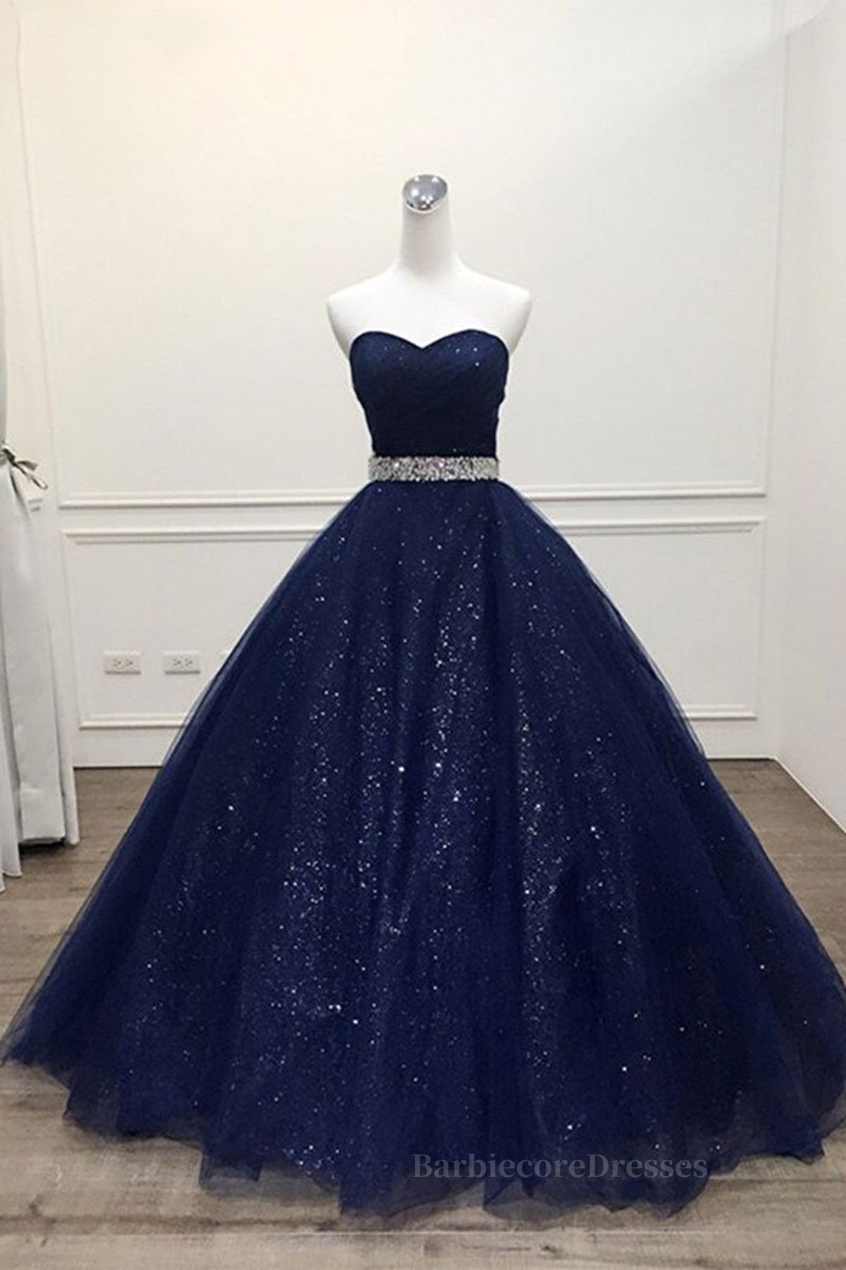 Shiny Strapless Dark Blue Long Prom Dresses, Dark Blue Long Formal Evening Gown