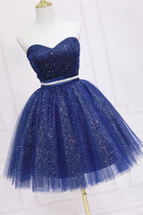 Shiny Strapless Sweetheart Neck Blue Short Prom Homecoming Dress with Belt, Sparkly Blue Formal Evening Dress