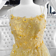 Shiny Yellow Lace Floral Prom Dresses, Shiny Yellow Lace Floral Formal Evening Dresses