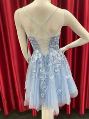 Short Backless Blue Lace Prom Dresses, Short Open Back Blue Lace Formal Homecoming Dresses