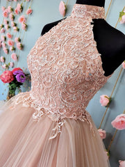 Short Halter Neck Pink Lace Prom Dresses, Halter Neck Short Pink Lace Formal Homecoming Dresses