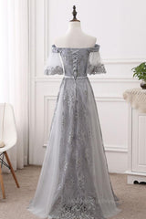 Short Sleeves Grey Lace Long Prom Dresses, Short Sleeves Gray Lace Long Formal Evening Dresses