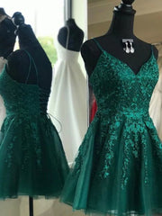 Short V Neck Green Lace Prom Dresses, Backless Short V Neck Green Lace Formal Homecoming Dresses