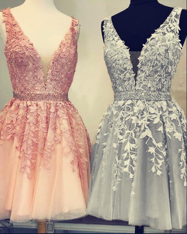 Short V-neck Tulle Prom Homecoming Dresses Lace Embroidery