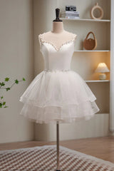 Short V Neck White Prom Dresses, Short V Neck White Formal Homecoming Dresses