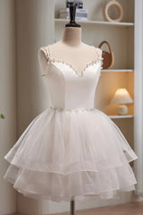 Short V Neck White Prom Dresses, Short V Neck White Formal Homecoming Dresses