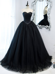 Simple Black Sweetheart Neck Tulle Long Prom Dress, Black Evening Dresses