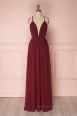 Simple burgundy chiffon long prom dress burgundy formal dress