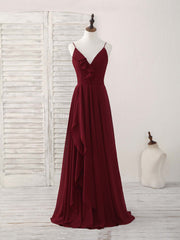 Simple Burgundy V Neck Chiffon Long Prom Dress, Bridesmaid Dress