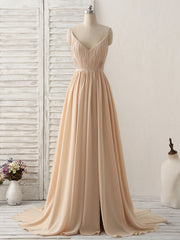 Simple Champagne Long Prom Dresses V Neck Chiffon Bridesmaid Dress