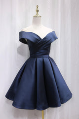 Simple Satin Short Prom Dress, Off Shoulder Blue Party Dress