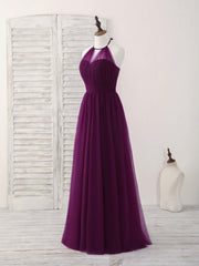 Simple Tulle A-Line Purple Long Prom Dress, Bridesmaid Dress