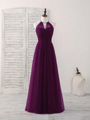 Simple Tulle A-Line Purple Long Prom Dress, Bridesmaid Dress