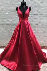 Simple v neck burgundy satin long prom dress  burgundy formal dress