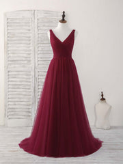 Simple V Neck Burgundy Tulle Long Prom Dress Burgundy Evening Dress