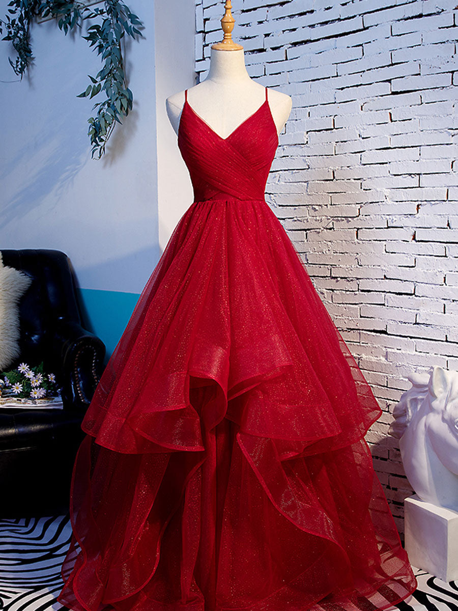 Simple V Neck Tulle Burgundy Long Prom Dress, Burgundy Formal Graduation Dresses