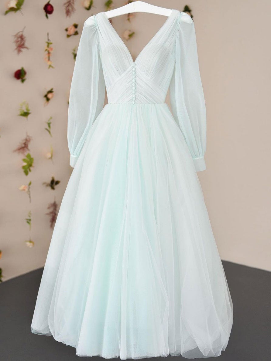 Simple v neck tulle tea length prom dress, tulle formal dress