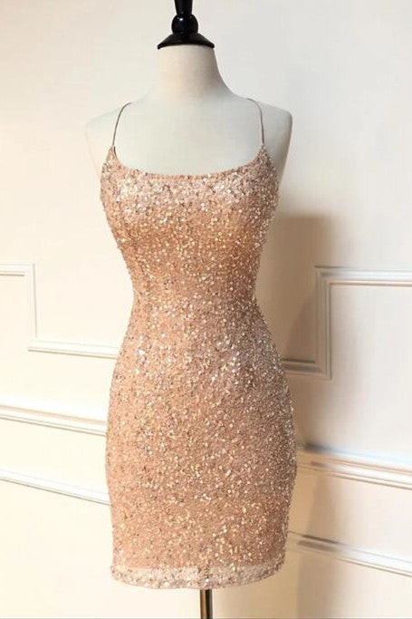 Sparkle Straps Tight Peach Sequins Short Homecoming Dress