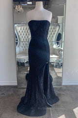 Strapless Mermaid Dark Blue Lace Long Prom Dresses, Mermaid Dark Blue Lace Formal Dresses, Dark Blue Lace Evening Dresses