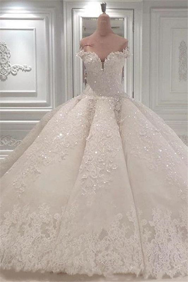 Strapless Sparkle Luxurious Train See through Ball Gown Wedding Dress