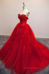 Sweetheart Neck Red Lace Floral Long Prom Dresses, Red Lace Formal Evening Dresses, Red Ball Gown