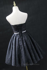 Sweetheart Neck Strapless Black Short Prom Dresses, Open Back Black Homecoming Dresses, Black Formal Evening Dresses