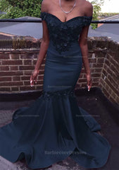 Trumpet Mermaid Off The Shoulder Court Train Satin Prom Dress With Beading Flowers