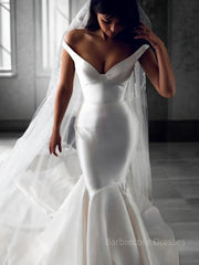 Trumpet/Mermaid Off-the-Shoulder Sweep Train Satin Wedding Dresses