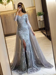 Trumpet/Mermaid Off-the-Shoulder Sweep Train Tulle Evening Dresses With Leg Slit