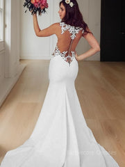 Trumpet/Mermaid Scoop Sweep Train Stretch Crepe Wedding Dresses With Appliques Lace