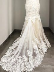 Trumpet/Mermaid Scoop Sweep Train Tulle Wedding Dresses With Appliques Lace