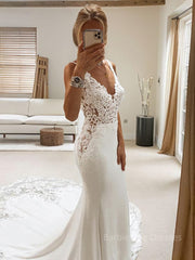 Trumpet/Mermaid V-neck Cathedral Train Stretch Crepe Wedding Dresses With Appliques Lace