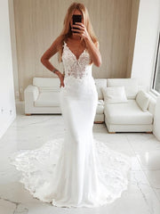 Trumpet/Mermaid V-neck Cathedral Train Stretch Crepe Wedding Dresses With Appliques Lace