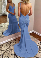 Trumpet Mermaid V Neck Spaghetti Straps Court Train Jersey Prom Dress With Pleated