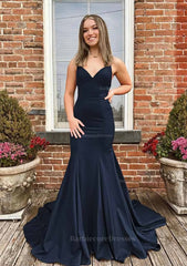 Trumpet Mermaid V Neck Spaghetti Straps Sweep Train Satin Prom Dress