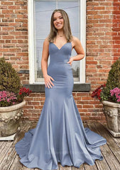 Trumpet Mermaid V Neck Spaghetti Straps Sweep Train Satin Prom Dress