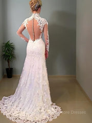 Trumpet/Mermaid V-neck Sweep Train Lace Wedding Dresses With Appliques Lace