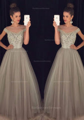 Tulle Long Floor Length A Line Princess Sleeveless Bateau Zipper Prom Dress With Beaded