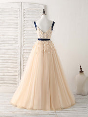 Unique Champagne Lace Tulle Long Prom Dress, Champagne Evening