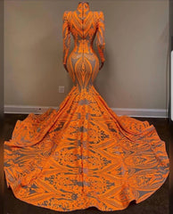 Unique Orange Long Sleeves Mermaid Prom Dress Sequins