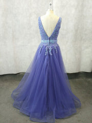 Unique V Neck Tulle Lace Applique Long Prom Dress, Tulle Evening Dress