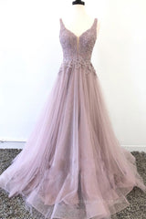 Unique v neck tulle lace long prom dress, tulle evening dress