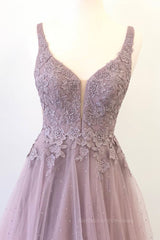 Unique v neck tulle lace long prom dress, tulle evening dress