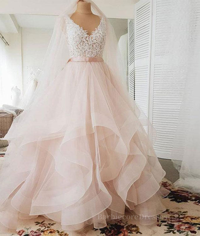 Unique v neck tulle lace long prom dress, tulle wedding dress