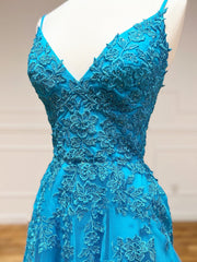 V Neck Backless Blue Lace Long Prom Dresses, Open Back Blue Lace Long Formal Evening Dresses