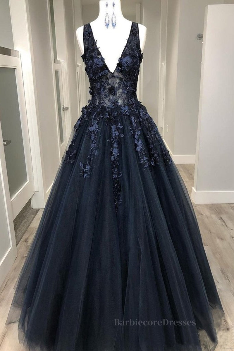 V Neck Beaded Black Lace Appliques Long Prom Dress, Black Lace Formal Graduation Evening Dress