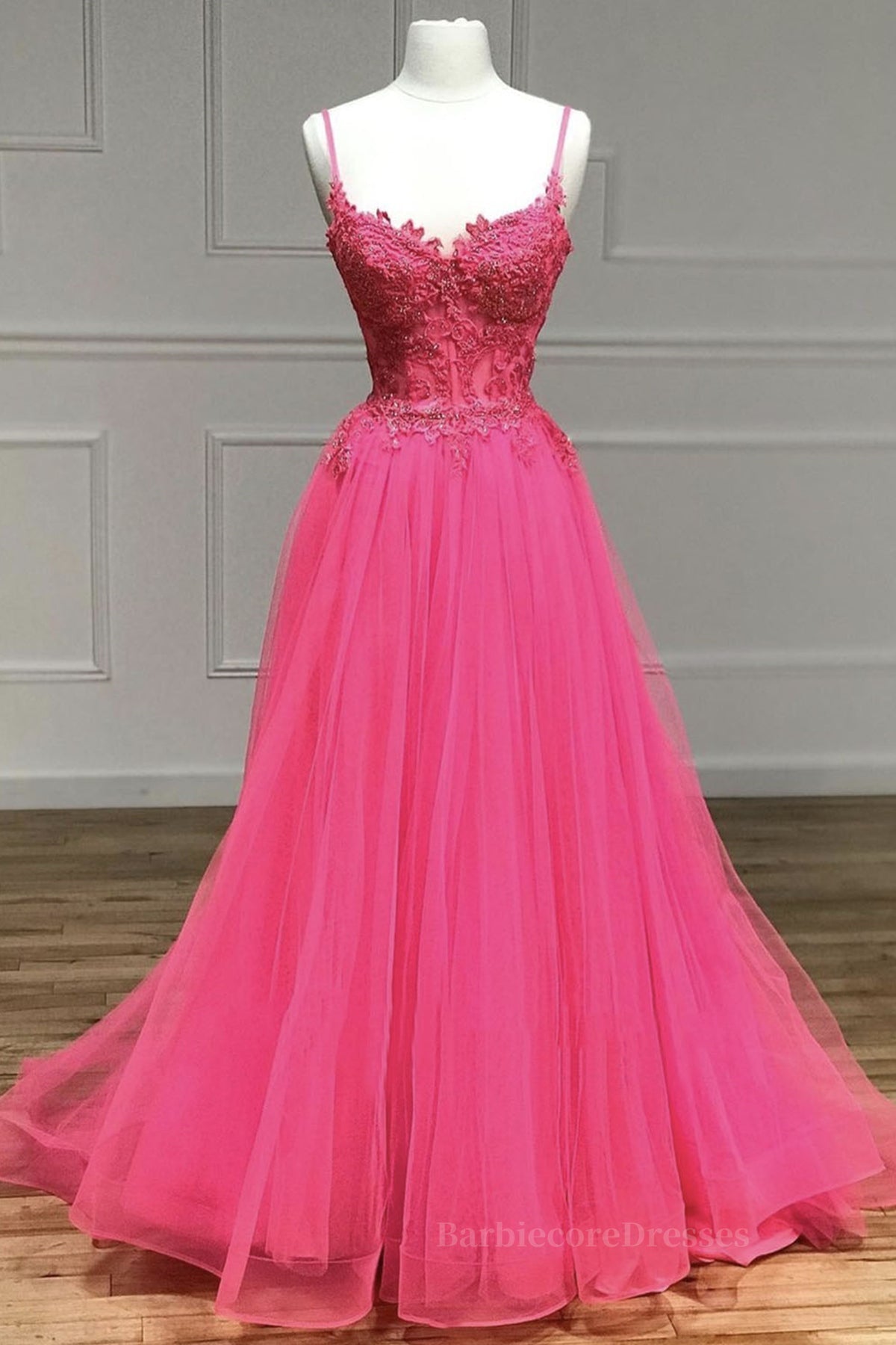 V Neck Beaded Hot Pink Lace Tulle Long Prom Dresses, Hot Pink Lace Formal Dresses, Hot Pink Evening Dresses