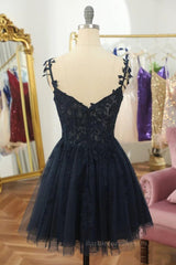 V Neck Beaded Navy Blue Lace Prom Dress, Navy Blue Lace Homecoming Dress, Short Navy Blue Formal Graduation Evening Dress