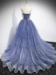 V Neck Blue Beaded Layered Long Prom Dresses, Blue High Low Formal Graduation Dresses