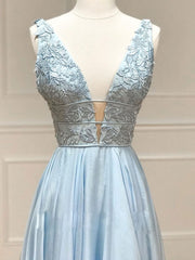 V Neck Blue Lace Prom Dresses, Blue V Neck Lace Formal Graduation Dresses